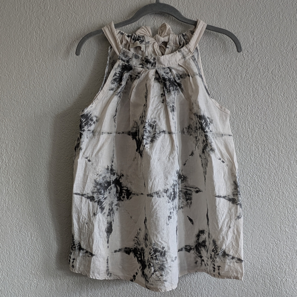 Sleeveless Linen Top Lightweight Breathable Sz S Off White Graphite Pattern